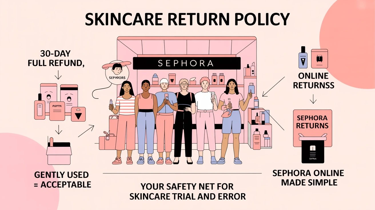 Illustration showing Sephora's skincare return policy with diverse customers, product images, and steps for online and in-store returns, emphasizing the 30-day full refund and acceptance of gently used products.