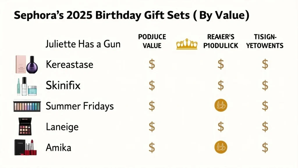 Sephora Birthday Gift 2025 4 A ranking chart titled “Sephora’s 2025 Birthday Gift Sets (By Value)” listing various beauty brands alongside value and popularity icons.
