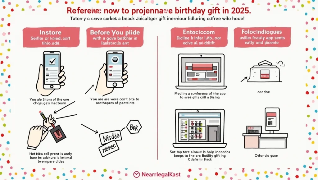 Sephora Birthday Gift 2025 3 Colorful illustrated infographic explaining how to redeem a Sephora birthday gift in 2025, with icons for mobile devices, laptops, gifts, and shopping bags.