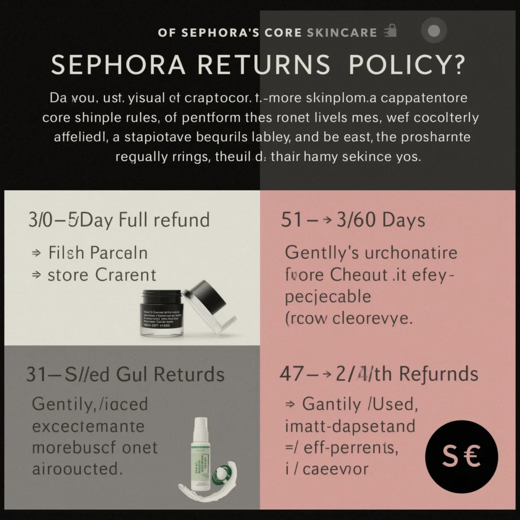 Sephora return policy for skincare — refund timeline and conditions explained Infographic explaining the Sephora return policy for skincare, including refund windows (30-day full refund, 31–60 day store credit), conditions for gently used returns, and exceptions. Includes product images and stylized design with placeholder text.