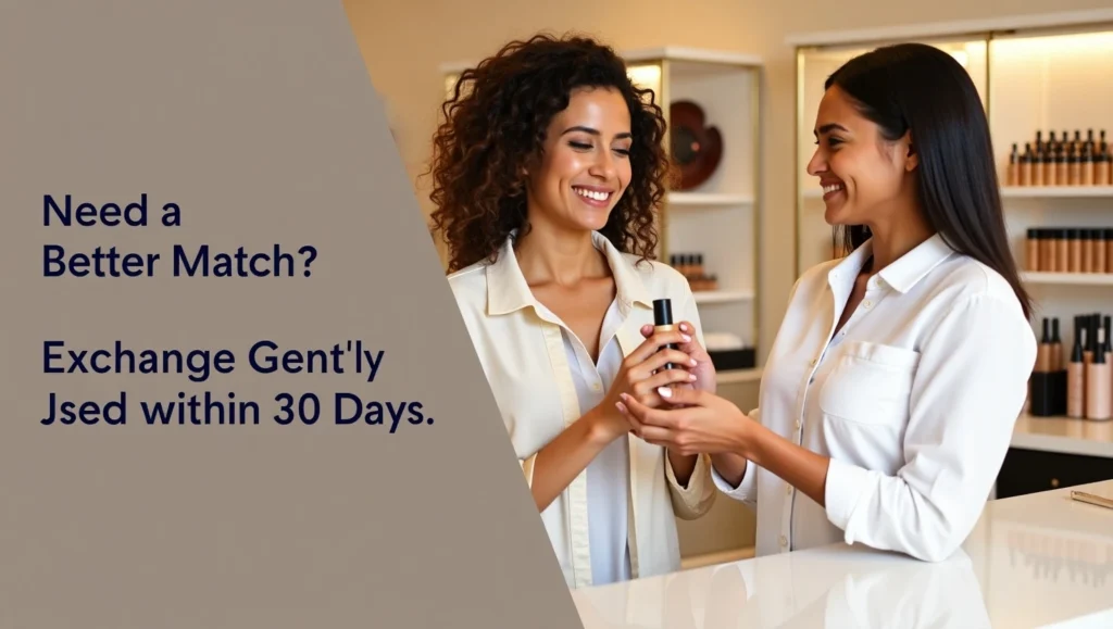 Explore Sephora's skincare selection and learn about their online return policy. Two women smiling in a cosmetics store as one hands a product to the other, with text offering a 30-day exchange for gently used items.
