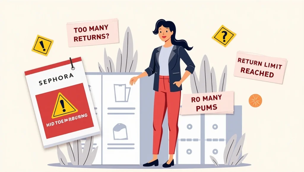 Explore Sephora's skincare selection and learn about their online return policy. Cartoon woman standing beside warning signs about return limits, with “Sephora” branding and alert messages.