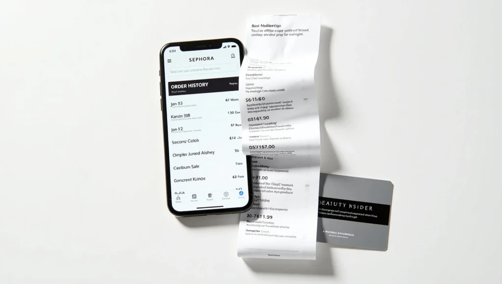 Explore Sephora's skincare selection and learn about their online return policy. A smartphone displaying a Sephora order history screen next to a printed receipt and a Beauty Insider loyalty card.