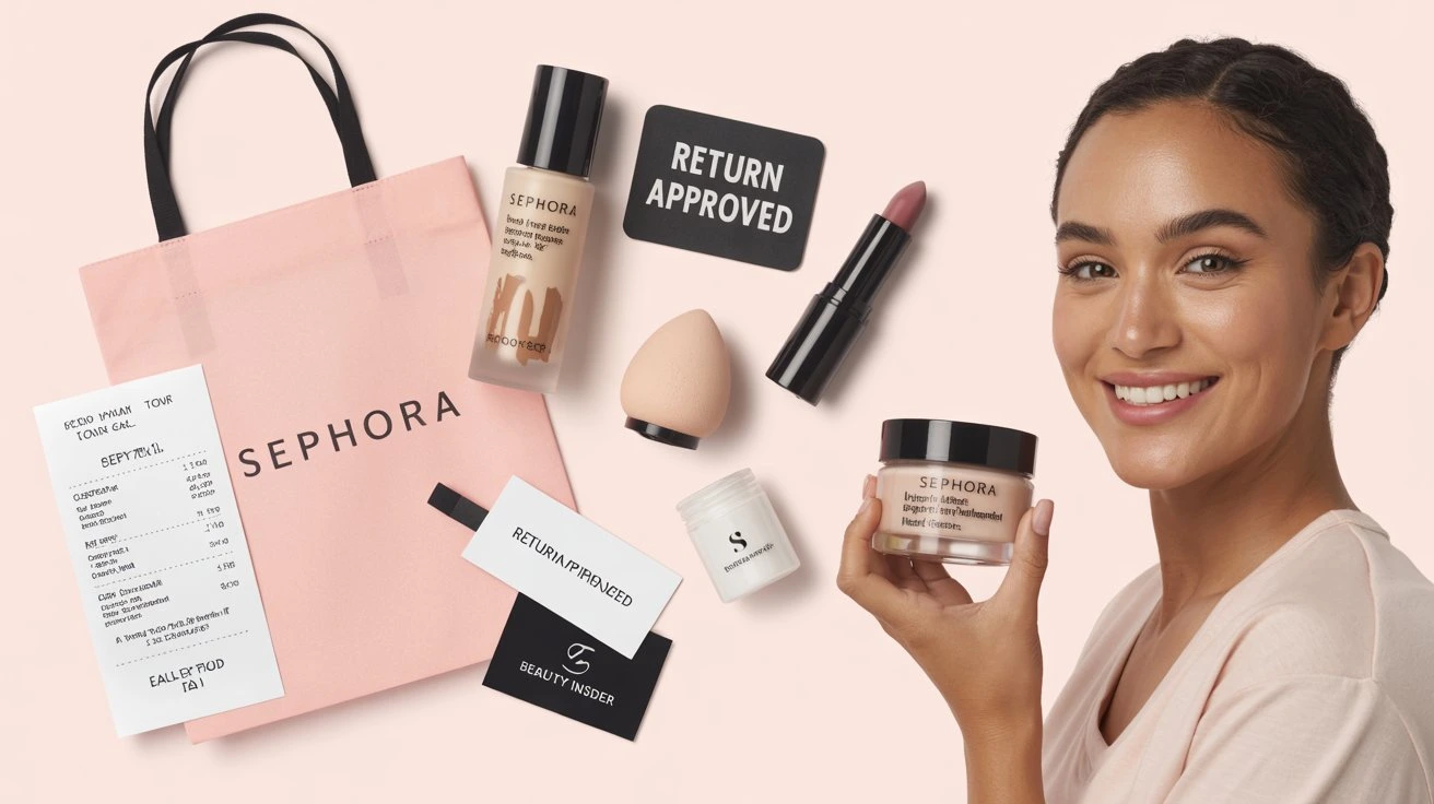 A smiling woman holding a Sephora skincare product next to a pink Sephora shopping bag, makeup items, a receipt, and a “Return Approved” card, illustrating Sephora's flexible return policy.