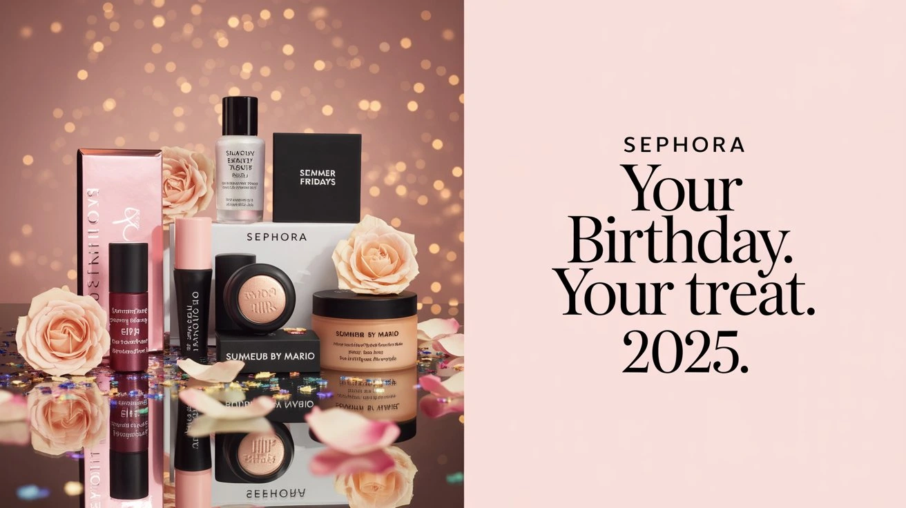 "A glamorous display of Sephora's Birthday Gift 2025, featuring a curated selection of beauty products from brands like Summer Fridays, Glow Recipe, and Makeup by Mario, surrounded by soft pink roses and festive confetti."