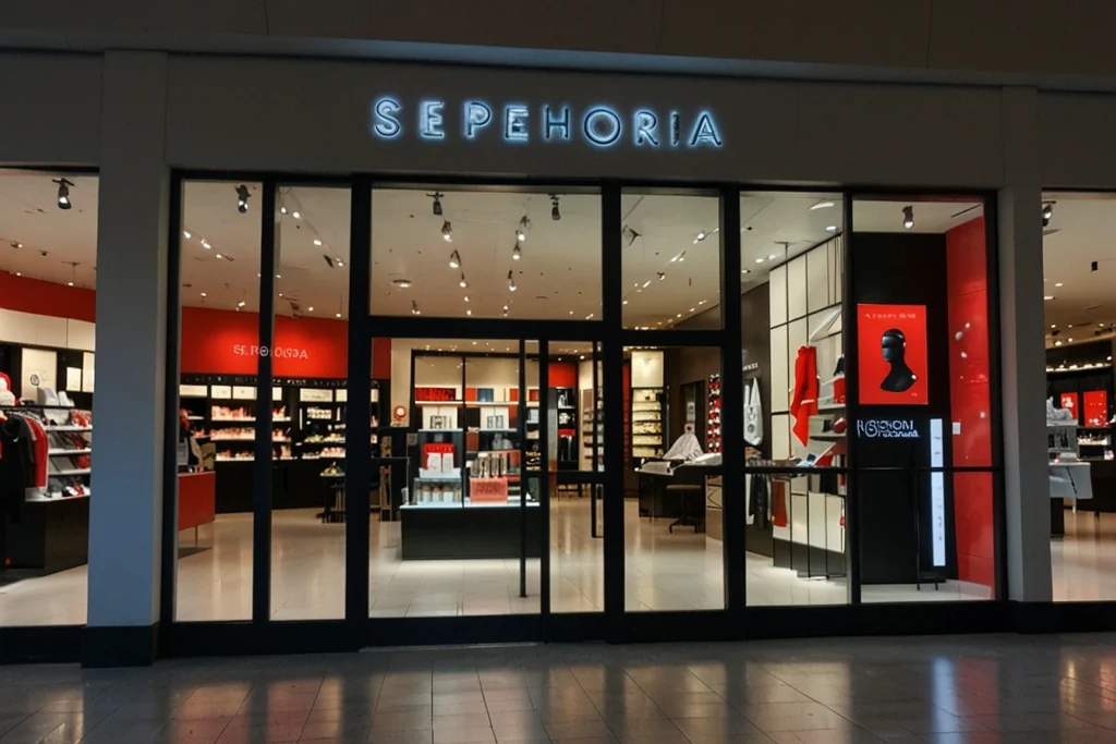 Explore Sephora's skincare selection and learn about their online return policy. Exterior view of a Sephora store with illuminated signage, showcasing the entrance and product displays inside, relevant to Sephora’s return policy for skincare products purchased in-store or online.