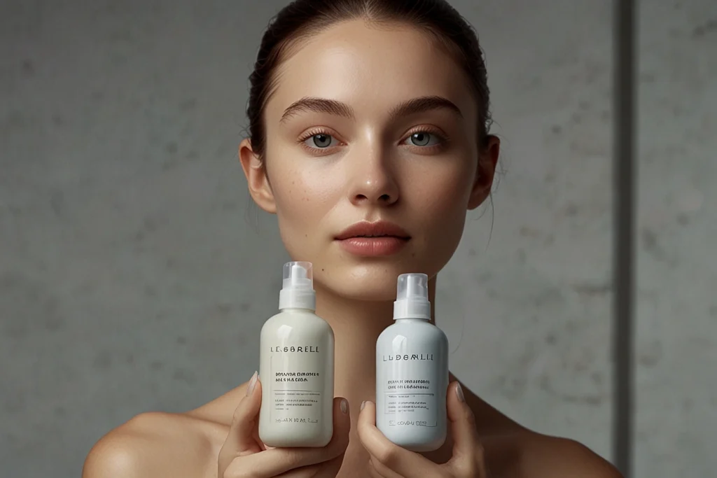 Explore Sephora's skincare selection and learn about their online return policy. A woman holding two skincare products close to her face, symbolizing Sephora's skincare line and its return policy that allows customers to return gently used items with proof of purchase.